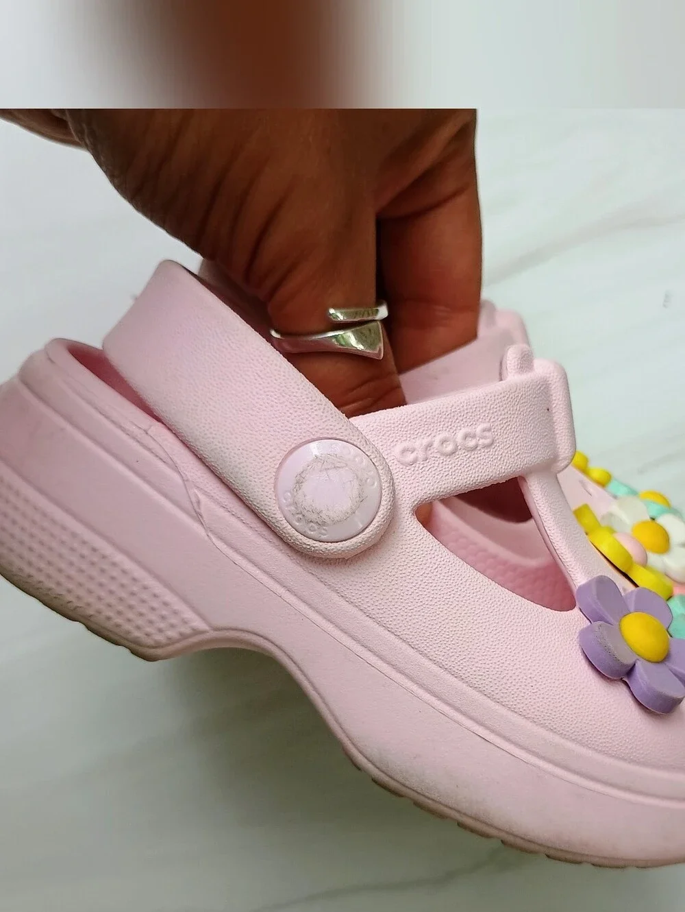 Crocs Mary Jane Pink Platform Toddler Sz 6 Flower Clog Sandals